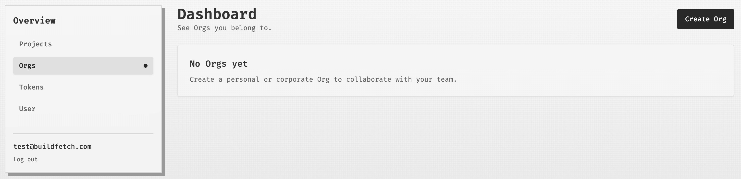 Dashboard Orgs page with the Create Org button