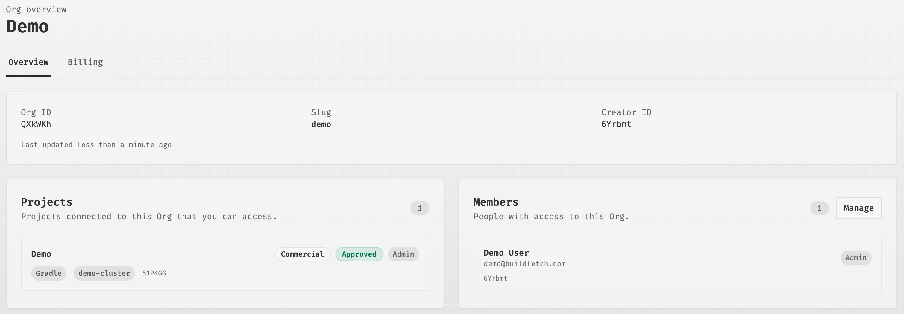 Created Org overview page showing Org details, Projects, and Members