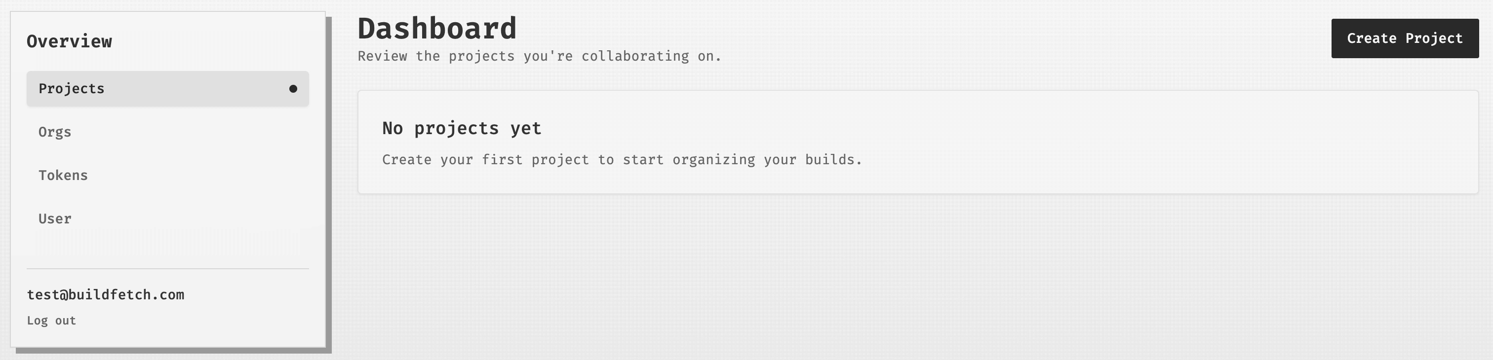Dashboard Projects page with the Create Project button
