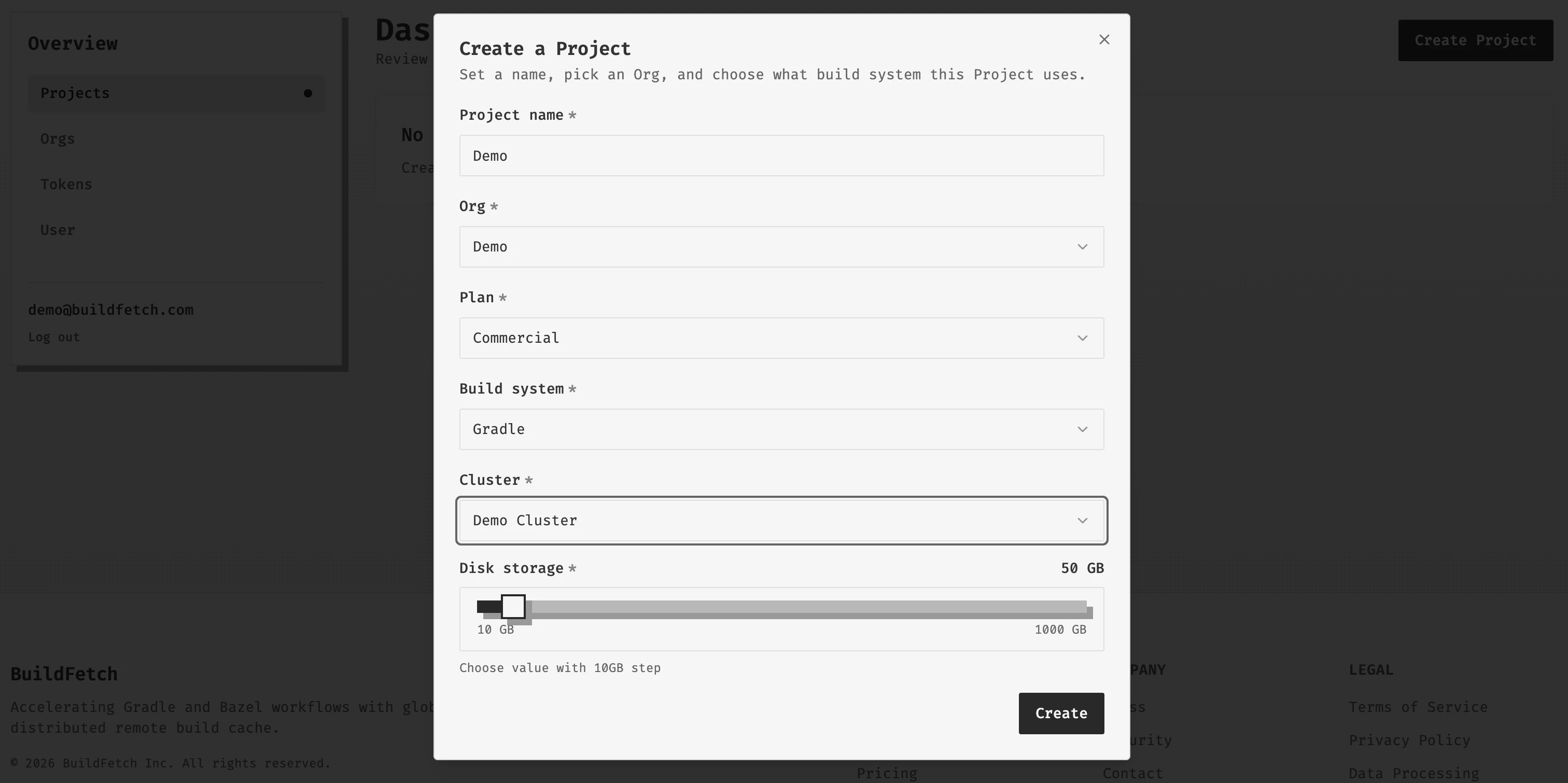 Create BuildFetch Cache Project dialog with Project name, Org, plan, build system, cluster, and storage size fields
