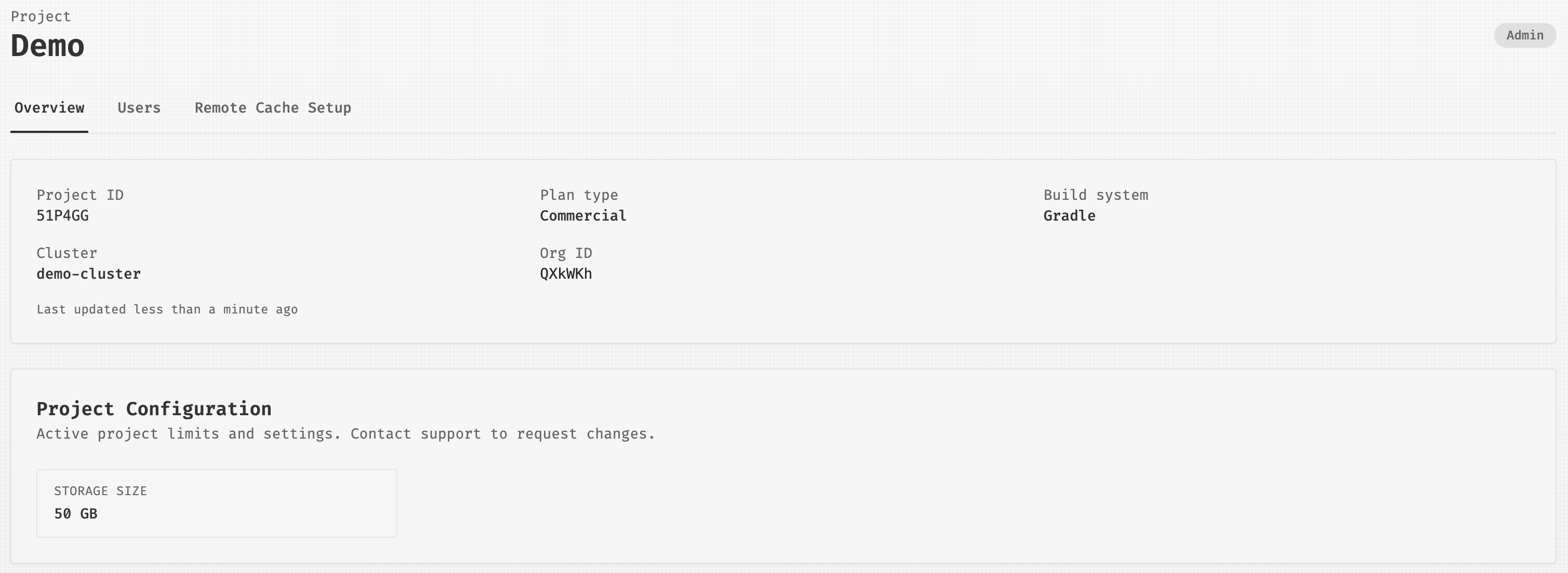 Created Project overview page showing Project details and configuration
