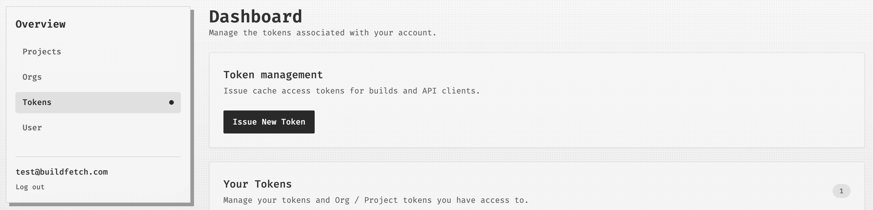 Dashboard Tokens page with the Issue New Token button
