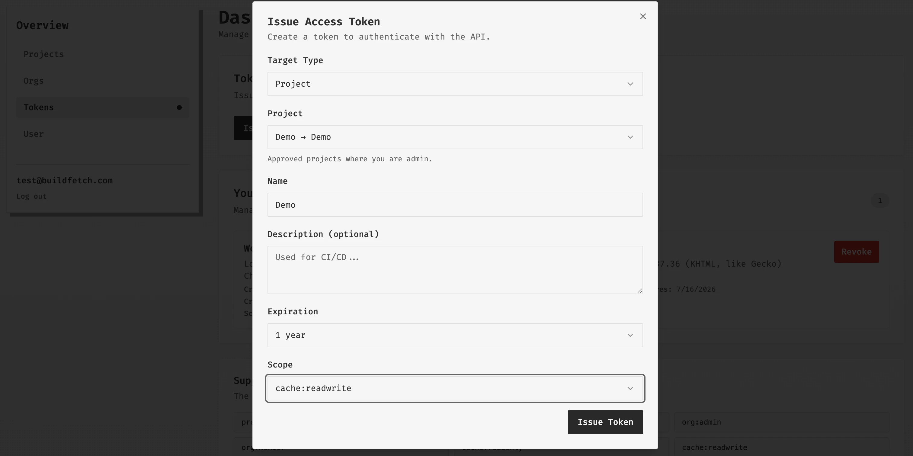 Issue Access Token dialog with Project target, Token name, expiration, and scope fields