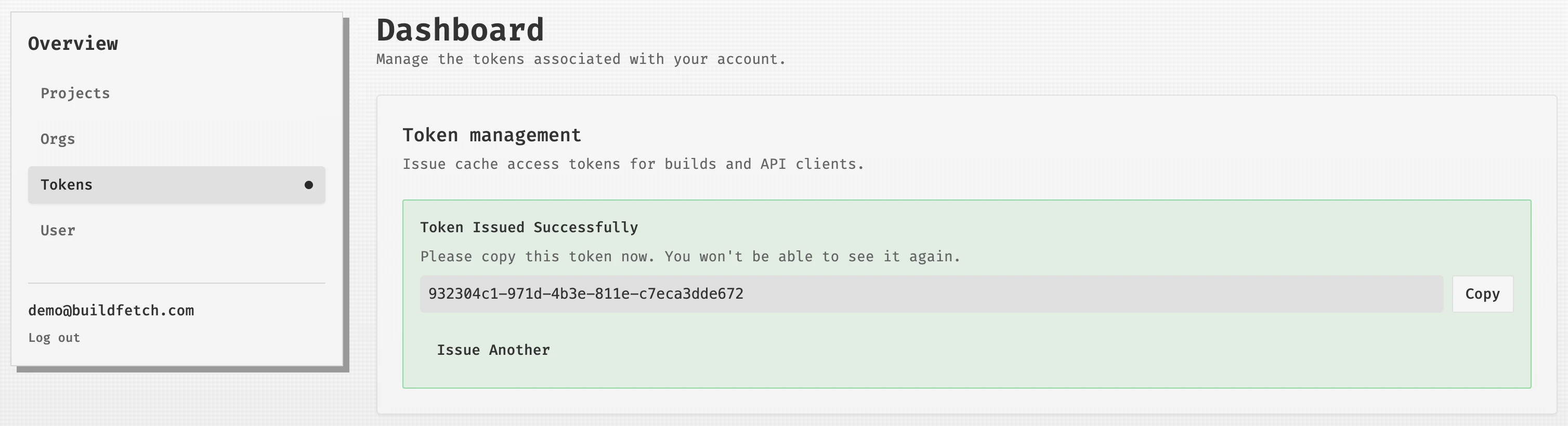 Token management page showing a successfully issued Token with a copy button